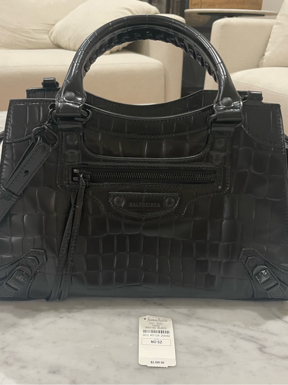 Balenciaga Black Croc-Embossed city bag with Top Handles